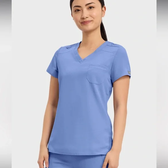 2 Pack Med Couture V Neck Scrub Top Chest Pocket Tuck in Ciel Blue Uniform (2) - Picture 2 of 13